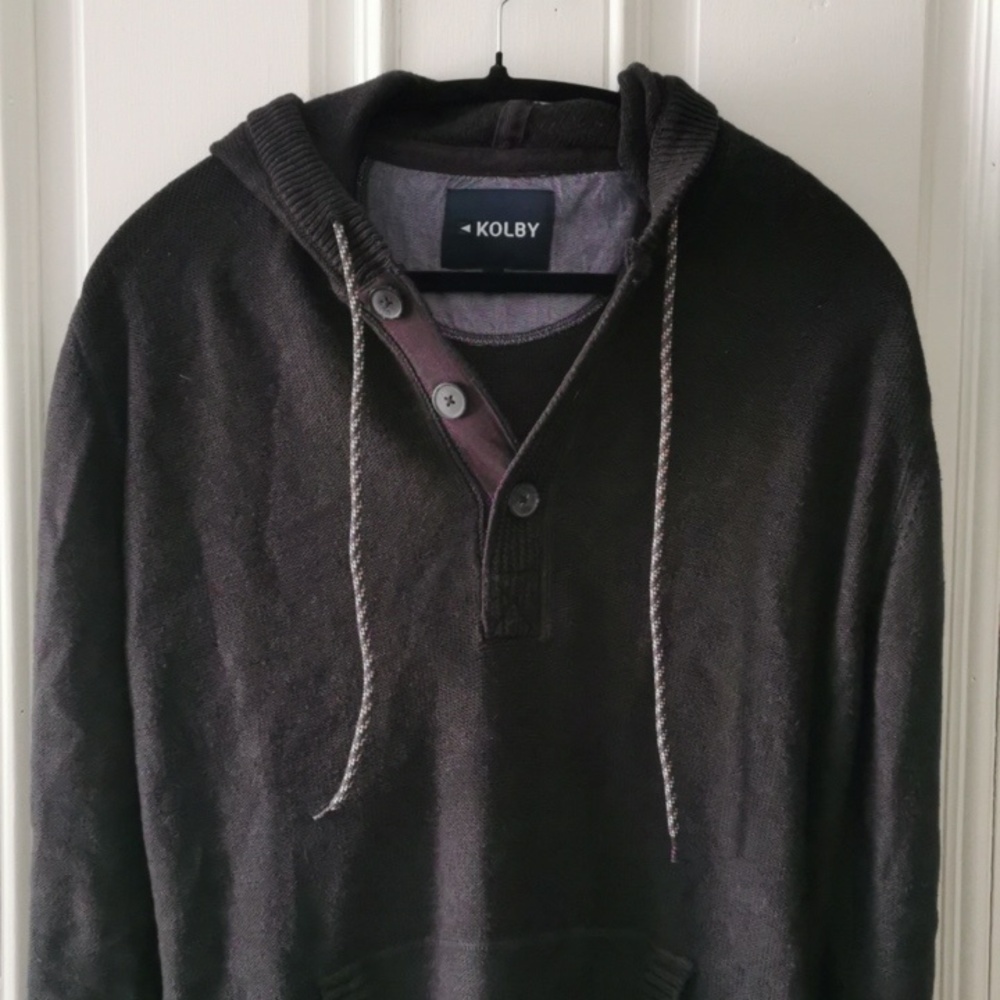 Mens KOLBY gray knit pullover hoodie henley preppy sweater/pockets. Size Large - Picture 3 of 8